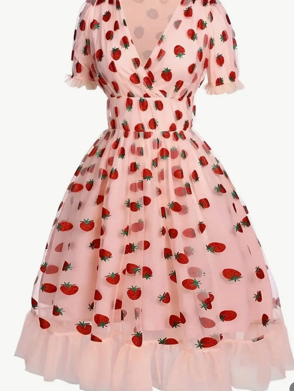 NWOT Pink Strawberry Print V-Neck Fit & Flare Dress, Various Plus Sizes